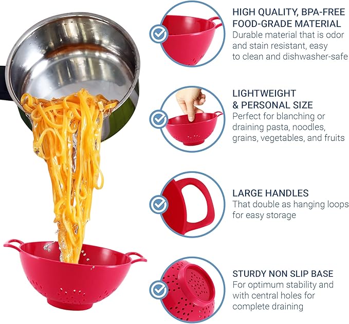 Meadow Lane 6-inch Small Colander, BPA-Free, Dishwasher Safe, Double Handles, Compact Food Strainer for Berries, Veggies and Pasta, 3-Cup Capacity, Cardinal Red