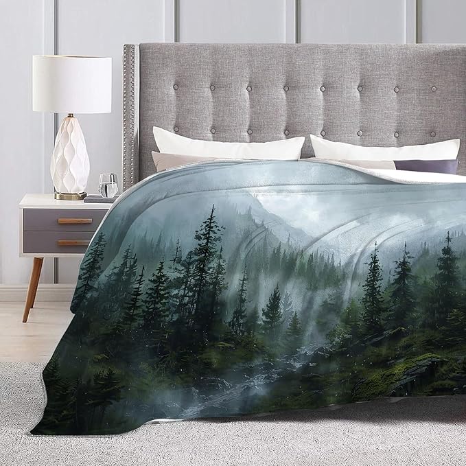 Forest Blanket Misty Mountain Tree Throw Blanket Cozy Plush Fleece Flannel Green Nature Blankets Landscape Party Gifts for Girls Boys Women Men 50"X40"