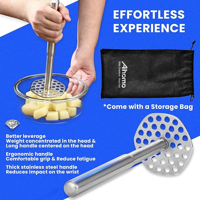 316L Potato Masher Stainless Steel, Sturdy Mashed Potato Masher Kitchen Tool, Solid Integrated Potatoes Smasher for Beans, Avocados, Squash, Dishwasher Safe, 8.8 Inch