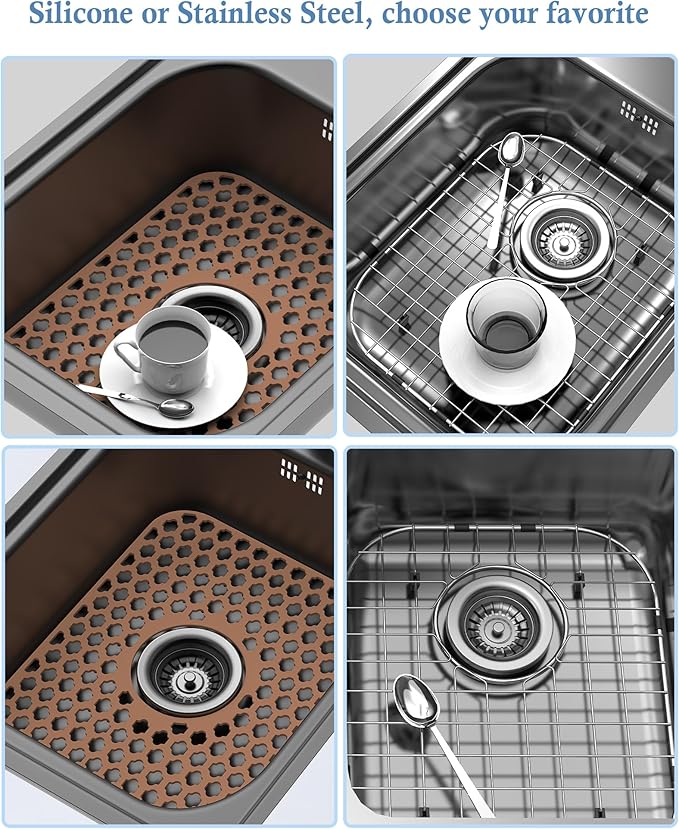 2 Pack Silicone Sink Protector for Kitchen Sink Bathroom, 13.58"x 11.6" Heat-resistant Sinks Mat, Non-Slip and Durable Sinks Protectors Silicone, Center Drain (Coffee)