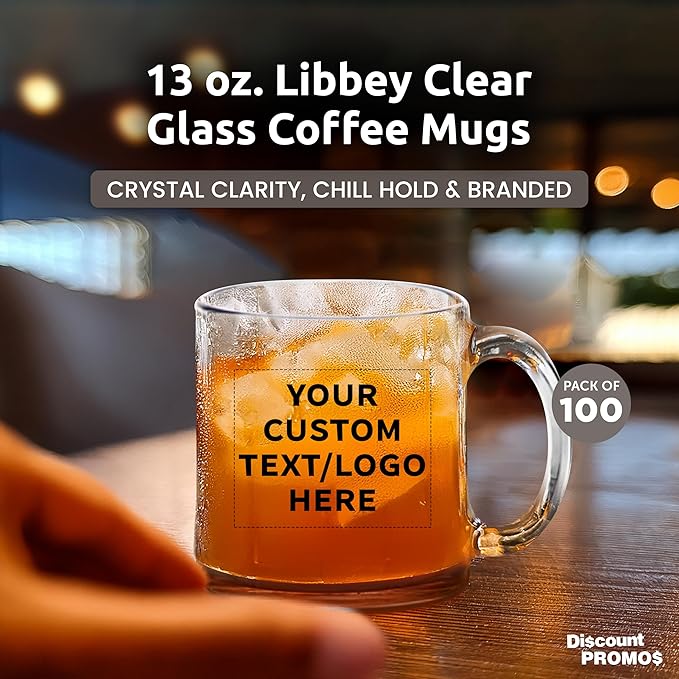 Custom Libbey Clear Glass Coffee Mugs 13 oz. Set of 100, Personalized Bulk Pack - Perfect for Coffee, Tea, Espresso, Hot Cocoa, Other Beverages - Black Bottom