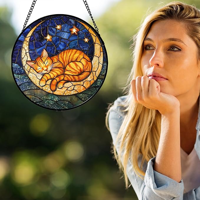 Stained Glass Window Hanging - Orange Moon Sleeping Cat Sun Catcher for Door Home Decor Blue Starry Sky Suncatcher Christmas Mother's Day Birthday Gifts for Women Men Mom Nana 11.8 in