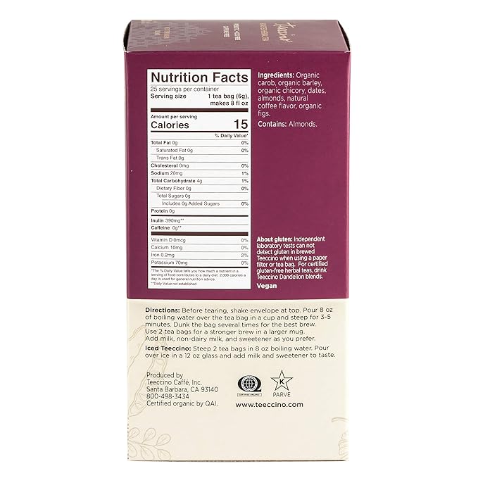 Teeccino Java Herbal Tea - Rich & Roasted Herbal Tea That’s Caffeine Free & Prebiotic for Natural Energy, 25 Tea Bags