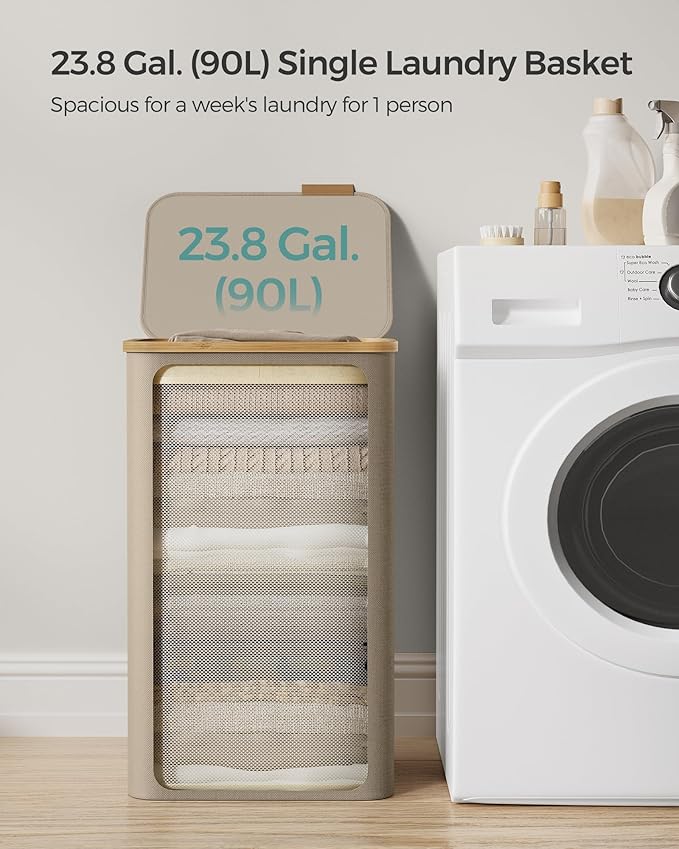 SONGMICS Laundry Hamper with Lid, Large Laundry Basket, 23.8 Gallons (90L), Removable Mesh Liner, Bamboo Handles, Collapsible, 16.5 x 12.6 x 27.8 Inches, Camel Brown ULCB509N01