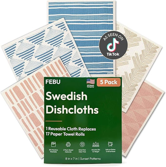 FEBU Swedish Dishcloths for Kitchen | 5 Pack Sunset Reusable Paper Towels Washable | Swedish Dish Towels | Non-Scratch Cellulose Sponge Cloths | No Odor, Biodegradable Cleaning Cloths