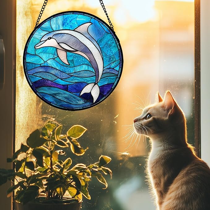 Stained Glass Suncatcher, Blue Ocean Dolphin Sun Catcher Marine Life Stain Glass Indoor Window Hanging Decoration Mother's Day Birthday Gifts for Women Men Mom and Nana 9.8 in