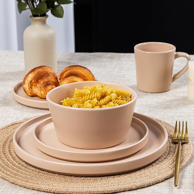 Plates and Bowls Sets for 4 - CJDC-QUELO 16 Piece Stoneware Dinnerware Sets with Mugs, Ceramic Dishware Sets for Kitchen Dining Use, Chip and Scratch Resistant Microwave Dishwasher Safe, Brown