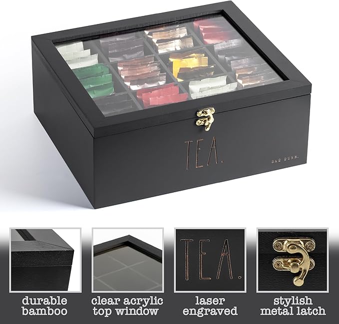 Rae Dunn Tea Bag Organizer - Tea Box Divided Storage Container Box with Hinge Lid for Kitchen Cabinet, Countertop, Pantry, Hold Coffee Pods, Seasoning Packets, Condiments, Black