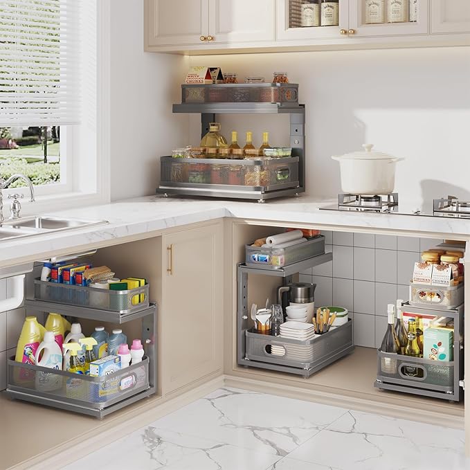 1 Pack 15.5IN-Depth Under Sink Organizer With Next-Gen Ball-Bearing Slides,2-Tier Precision Mesh Pull Out Cabinet Storage for Bathroom&Kitchen,Height Adjustable Drawers Shelf,Anti-rust-Grey