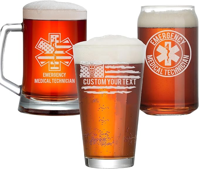 Personalized Star of Life Glass, Custom Beer Glass with Engraved Name & Text, Funny Gifts for Paramedics and EMTS, Christmas Birthday Gift for Emergency Nurse Friends Coworkers