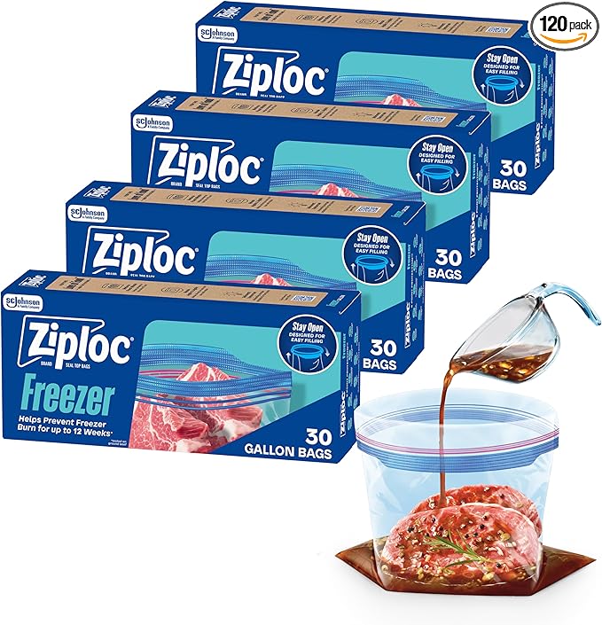 Ziploc Gallon Food Storage Freezer Bags, 120ct Total, Stand-Up Bottom, Easy to Fill, 30 Count, 4 Pack (Packaging May Vary)
