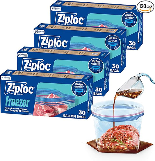 Ziploc Gallon Food Storage Freezer Bags, 120ct Total, Stand-Up Bottom, Easy to Fill, 30 Count, 4 Pack (Packaging May Vary)