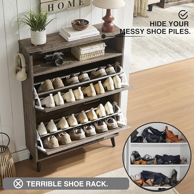 Shoe Storage Cabinet,Farmhouse Shoes Organizer with 2 Flip Drawers & Barn Door Design,Freestanding Hidden Slim Narrow Shoe Rack Cabinet with Open Shelves for Entryway,Hallway,Rustic Brown