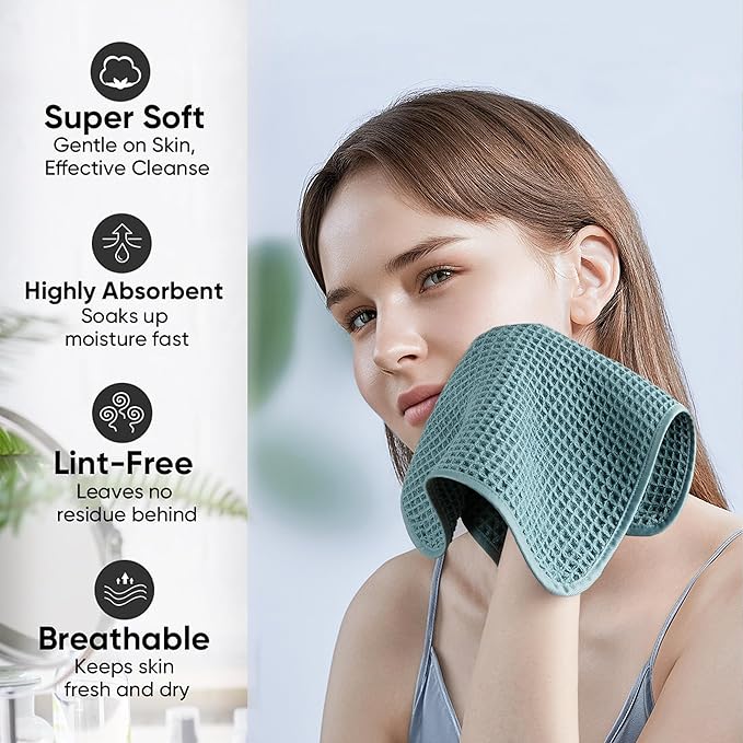 Microfiber Waffle Face Towels, 4 Pieces, Soft, Absorbent, Fast Drying, Lint Free (Green)