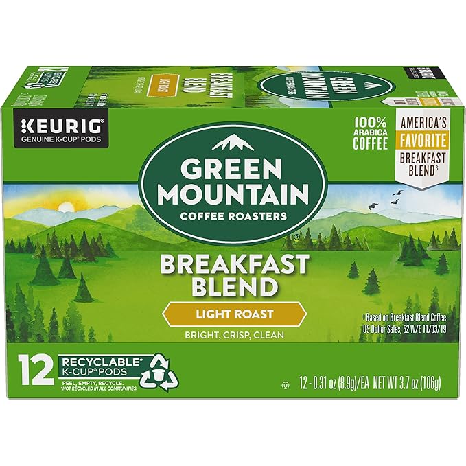 Green Mountain Coffee Roasters Breakfast Blend Single-Serve Keurig K-Cup Pods, Light Roast Coffee, 12 Count