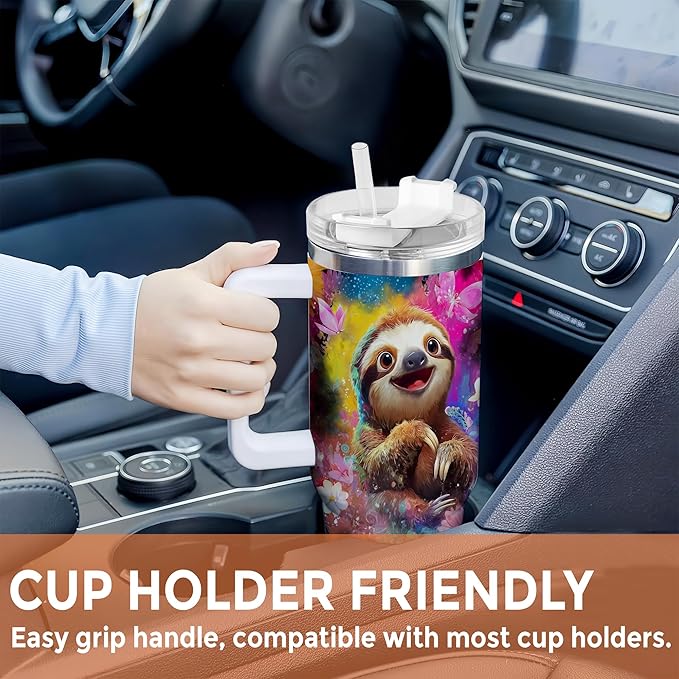 Personalized Sloth 40oz Tumbler with Handle and Straw Gifts for Sloth Lovers, Cute Animal Lover Gifts For Women Girl, Unique Birthday Christmas Gift, Custom Name Stainless Steel Travel Cup