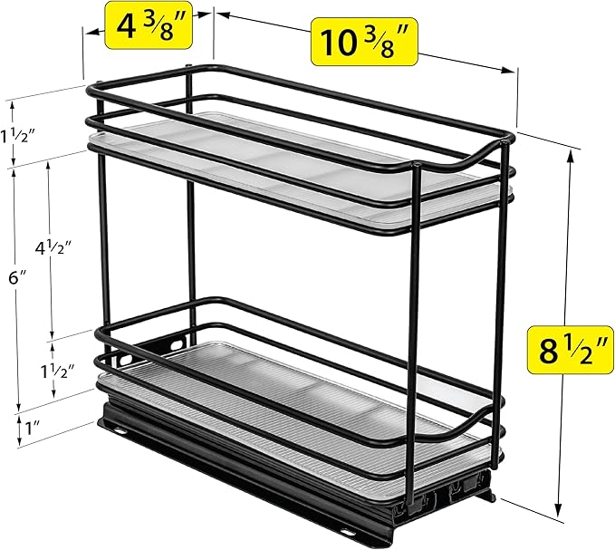 LYNK PROFESSIONAL® Pull Out Spice Rack Organizer for Inside Kitchen Cabinets - 4-3/8 inch Wide - Slide Out Drawer – Black Sliding Spice Cabinet Organization Shelf Racks - 2 Tier
