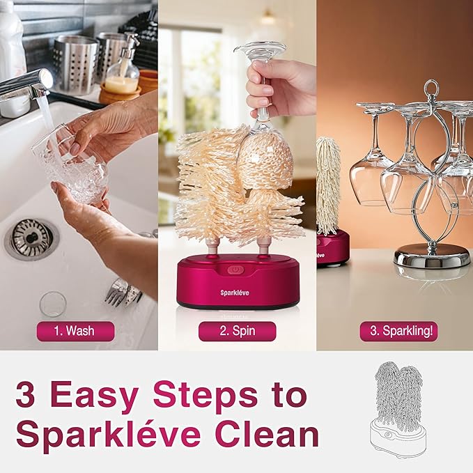 Home Glassware Polisher, World's First Affordable Spinning Glass Polisher, 600 RPM Dries and Polishes, All Glasses, Wine, Bar, Drinking, For Sparkling Glassware. Burgundy, Premium Painted