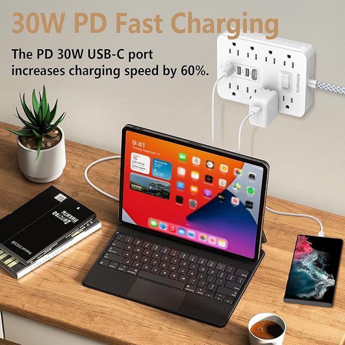 Surge Protector Power Strip, 10 Ft Extension Cord with PD 30W USB C Port, 8 AC Outlets and 3 USB A Ports for Home, Office, Dorm Essentials, 1700 Joules, White