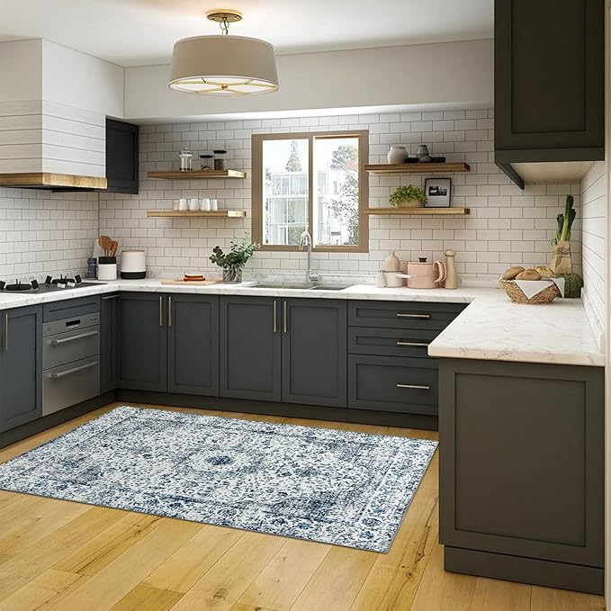 Easy-Going Area Rug 5x7 Washable Boho Rugs for Living Room Non-Slip Bedroom Rug Low Pile Lightweight Floral Print Vintage Throw Rug for Dining Room Kitchen Home Office Carpet, Blue Cream