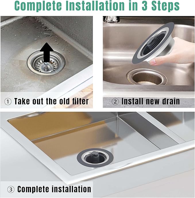 Kitchen Sink Drain Strainer Stopper 304 Stainless Steel 3 in 1 Sink Protectors Pop Up Anti-Clogging Kitchen Sink Stopper Basket Filter for US Standard 3-1/2 Inch Drain Cover