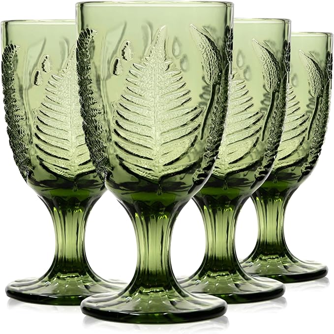 Green Glass Goblets Set of 4 – 10 oz Vintage Glassware Decorative Wine Glasses, Colored Cute Goblet Drinking Cups, Unique Textured Water Cup Sets, Colorful Aesthetic Pretty Drinkware & Christmas Gifts