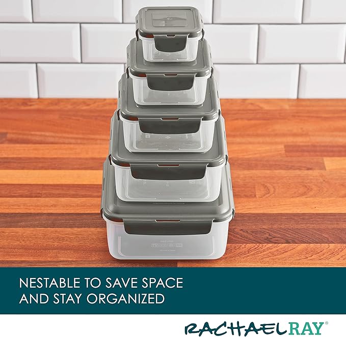 Rachael Ray Leak-Proof Nestable Container Food Storage Bin Set, 10-Piece Square, Gray Lid