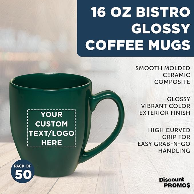 Custom Large Coffee Cups 16 oz. Set of 50, Personalized Bulk Pack - Perfect for Tea, Espresso, Cappuccino, Hot Cocoa - Green