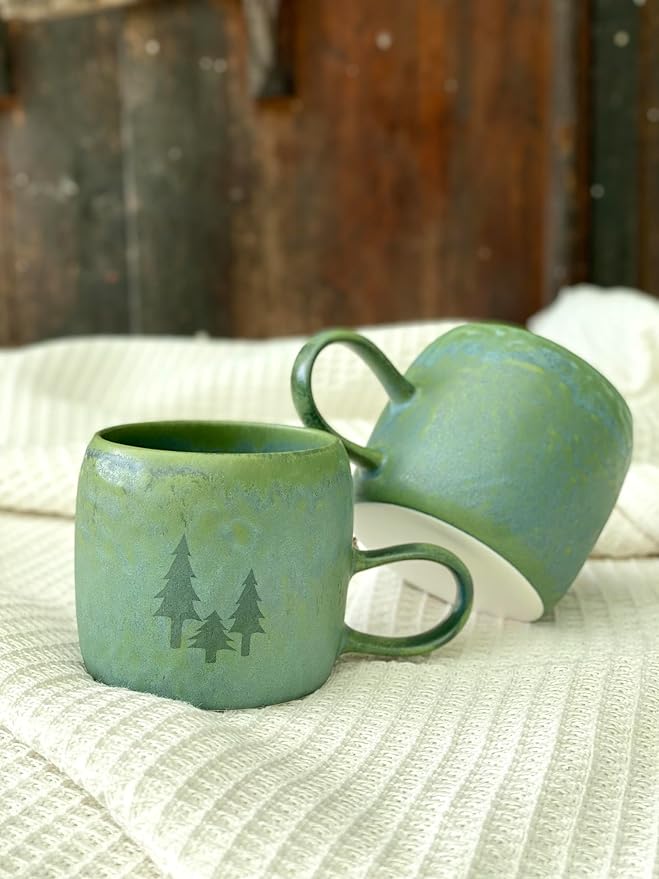Medium Ceramic Coffee Mug Set of 2, 12 Oz, Stoneware Tea Cup for Office and Home, Dishwasher and Microwave Safe (Forest Green with Three Laser-engraved trees, 2) (Art Deco)