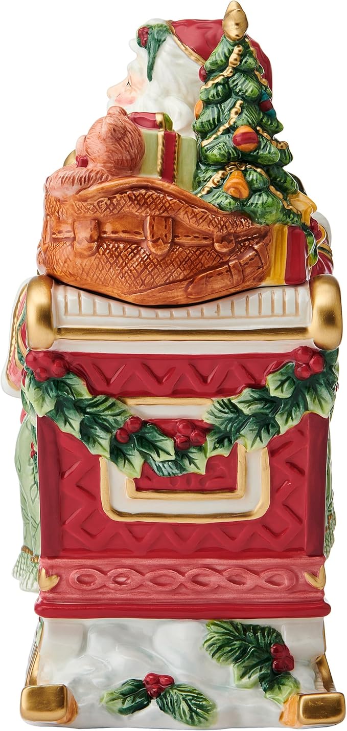 Fitz and Floyd Santa Crimson Holiday Ceramic Cookie Jar, Christmas Treat Kitchen Countertop Storage Jar with Removable Lid, 10 Inch