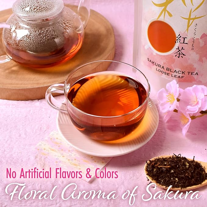 YAMASAN KYOTO UJI Sakura Black Tea Loose Leaf (80g) - Blending Benifuki and Japanese Sakura Cherry Blossom Leaves, Floral and Refreshing Wakocha (Pack of 2)