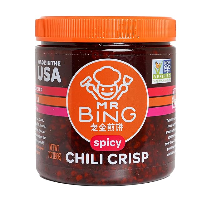 Mr. Bing Chili Crisp | Spicy - Delicious, Flavorful & Crunchy Chili Oil - Made in USA Chili Paste Hot Sauce - Gluten Free, Vegan, No MSG, Non-GMO Oil - (7 oz.)