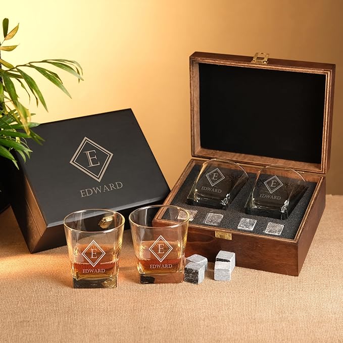 Personalized Whiskey Glasses Gift Set with Engraved Wooden Box and Whiskey Stones – Custom Whiskey Glassware for Men & Whiskey Lovers