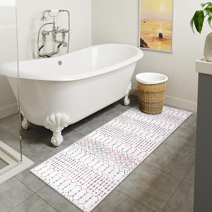 Lahome Moroccan Washable Runner Rug 2x6 - Non-Slip Anti-Fatigue Kitchen Rugs and Runners Throw Soft Long Bathroom Runner, Geometric Print Distressed Floor Runners for Entryway Laundry Room Foyer