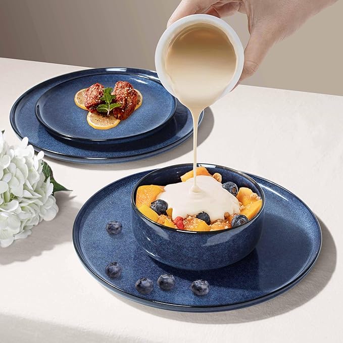 Herogo 12 Pieces Dinnerware Sets Stoneware Service for 4, Dinner Plates and Bowls Sets, Double Reactive Glaze Dishes Set for Kitchen, Scratch Resistant, Microwave & Dishwasher Safe, Starry Blue
