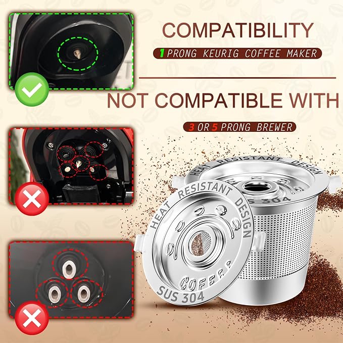 4 Pack Reusable K Cups Coffee Pods for Keurig 1.0: Stainless Steel Refillable K Cups - Reusable Coffee Filters for Coffee Machine, SUS 304‌, BPA-Free, Heat Resistant Handles, Scoop
