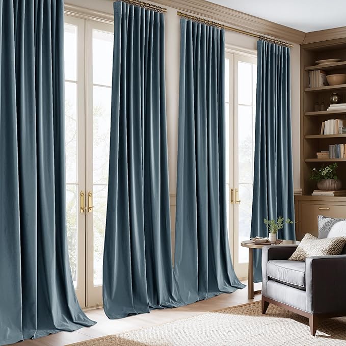 NICETOWN Slate Blue Velvet Curtains 10 ft Long 2 Panels, Energy Saving Light Blocking Back Tab Rod Pocket with Pleat Tape Window Treatment for Living Room Sliding Glass Door, W52 x L120