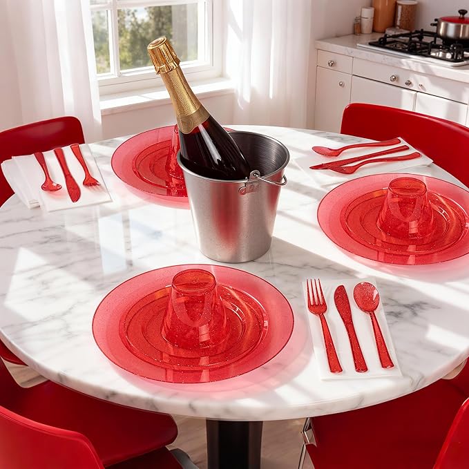 DaYammi 350 Pieces Red Glitter Dinnerware Set 50 Guest for Christmas Party- 50 Dinner Plates, 50 Dessert Plates -50 Per Rolled Napkins with Red Cutlery - 50 Disposable Cups 9 OZ