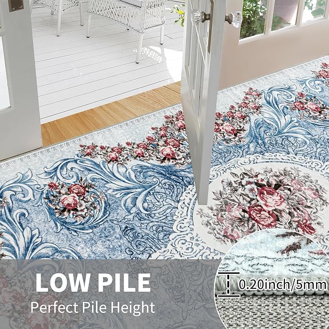 Easy-Going Large Area Rug 8x10 Washable Floral Rug for Living Room Non-Slip Bedroom Rugs Low Pile Lightweight Retro Flowers Throw Rug for Dining Room Kitchen Home Office Carpet, Teal Red