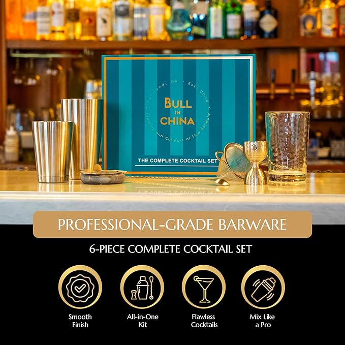 Shaken & Stirred Cocktail Set by Bull in China - Premium Bartender Gift Set w/ 2 Piece Weighted Shaker, Hammered Jigger, Hawthorne Strainer, Fine Mesh Strainer, Mixing Glass & Barspoon (Sliver)