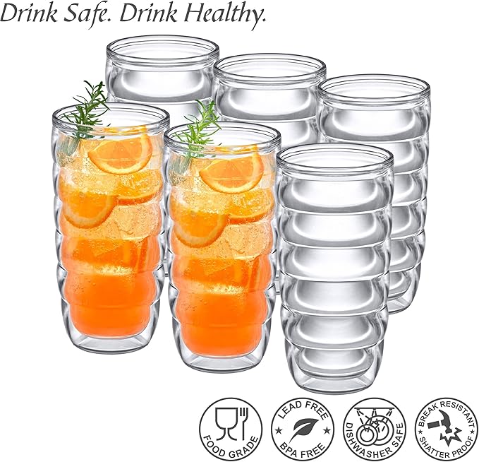 Amazing Abby - Arctic - 24-Ounce Insulated Plastic Tumblers (Set of 6), Double-Wall Plastic Drinking Glasses, All-Clear Reusable Cups, BPA-Free, Shatter-Proof, Dishwasher-Safe