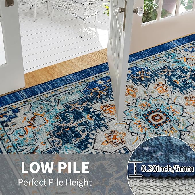 Easy-Going Boho Area Rug 3x5 Entryway Rug Washable Inside Door Mats for Home Entrance Non-Slip Tangerine Vintage Small Rugs for Entry Living Room Bedroom Kitchen Lightweight Carpet, Floral Aqua Yellow