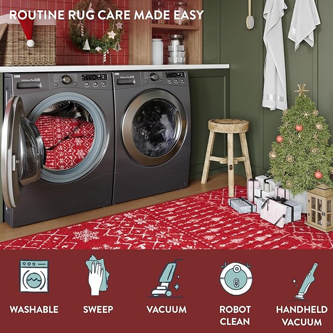 Lahome Christmas Runner Rug 2x6 for Hallway Red Non Slip Washable Low Pile Carpet Moroccan Snowflake Throw Rug Runner for Kitchen Entryway Laundry Bathroom Narrow Space Xmas Holiday Decor
