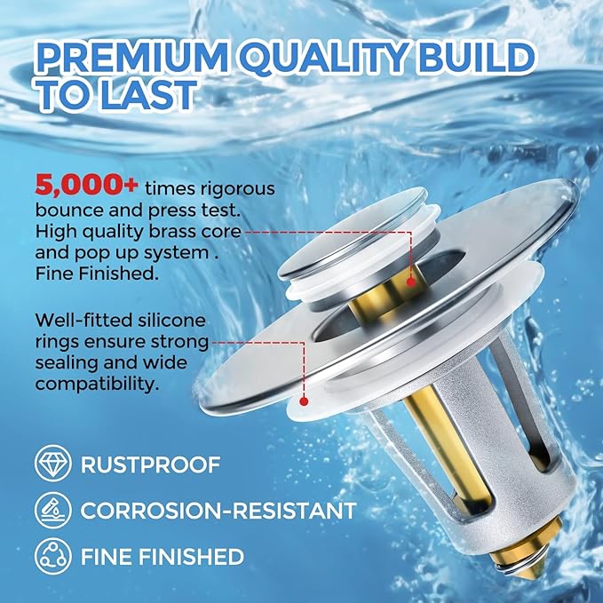 zaa Bathroom Sink Stopper - 2Pack Bathroom Sink Drain Strainer,Pop Up Bathroom Drain Stopper with Anti-Clogging Filter Basket,for 1.05~1.65 in U.S.Standard Basin Drain Holes,Silver