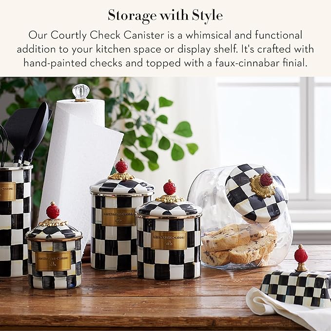 MACKENZIE-CHILDS Medium Enamel Canister, Kitchen Storage Container for Flour and Sugar, 1.42 Liters, Black-and-White Courtly Check