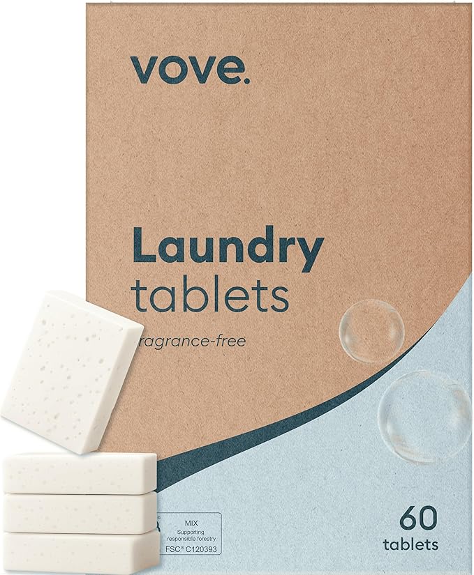 Vove Plastic-Free Laundry Detergent Tablets, 60 Pack – Concentrated, Biodegradable & Plant-Based Formula with 3x Enzyme Power – Tough on Stains, Gentle on Fabric, Fragrance-Free & Eco-Friendly
