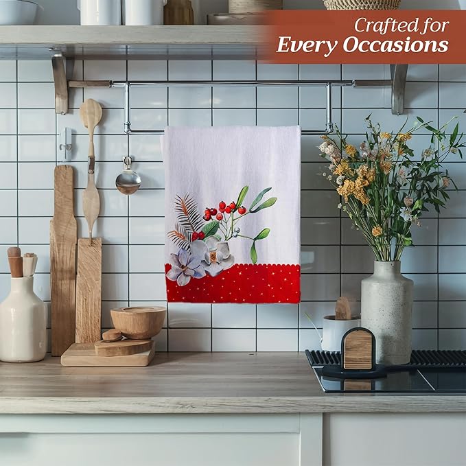 Maison d' Hermine Kitchen Towels Set of 3 100% Cotton 20" x 27.5" Reusable Cloth Tea Dish Towels Absorbent with Hanging Loop for Kitchen Dining Thanksgiving Christmas Decorations (Noel)