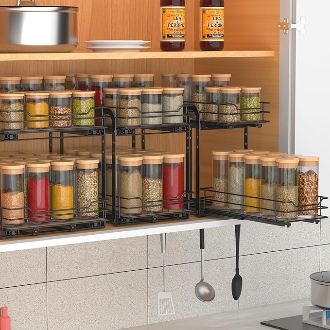 Spice Rack Organizer for Cabinet, 2 Tier Pull Out Spice Organizer for Cabinet Height Adjustable Heavy Duty Metal Basket for Inside Cabinets & Pantry Closet