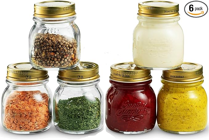 Bormioli Rocco Quattro Stagioni Small Glass Mason Jars 5 Ounce Mini Jars (6-Pack) with Metal Airtight Lid, For Jam, Jelly, baby food, Crafts, Spices, Dry Food Storage, Wedding favors, Decorating Jar