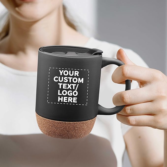 Custom Barista Ceramic Mugs with Cork Bottom 13 oz. Set of 12, Personalized Bulk Pack - Perfect for Coffee, Tea, Espresso, Hot Cocoa, Other Beverages - Black